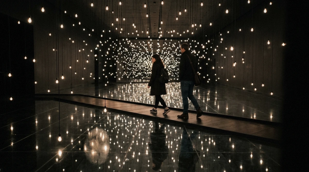 Dark mirrored hall filled with hanging points of light, the shoes-on format of teamLab Borderless, the MORI Building digital art museum in Tokyo