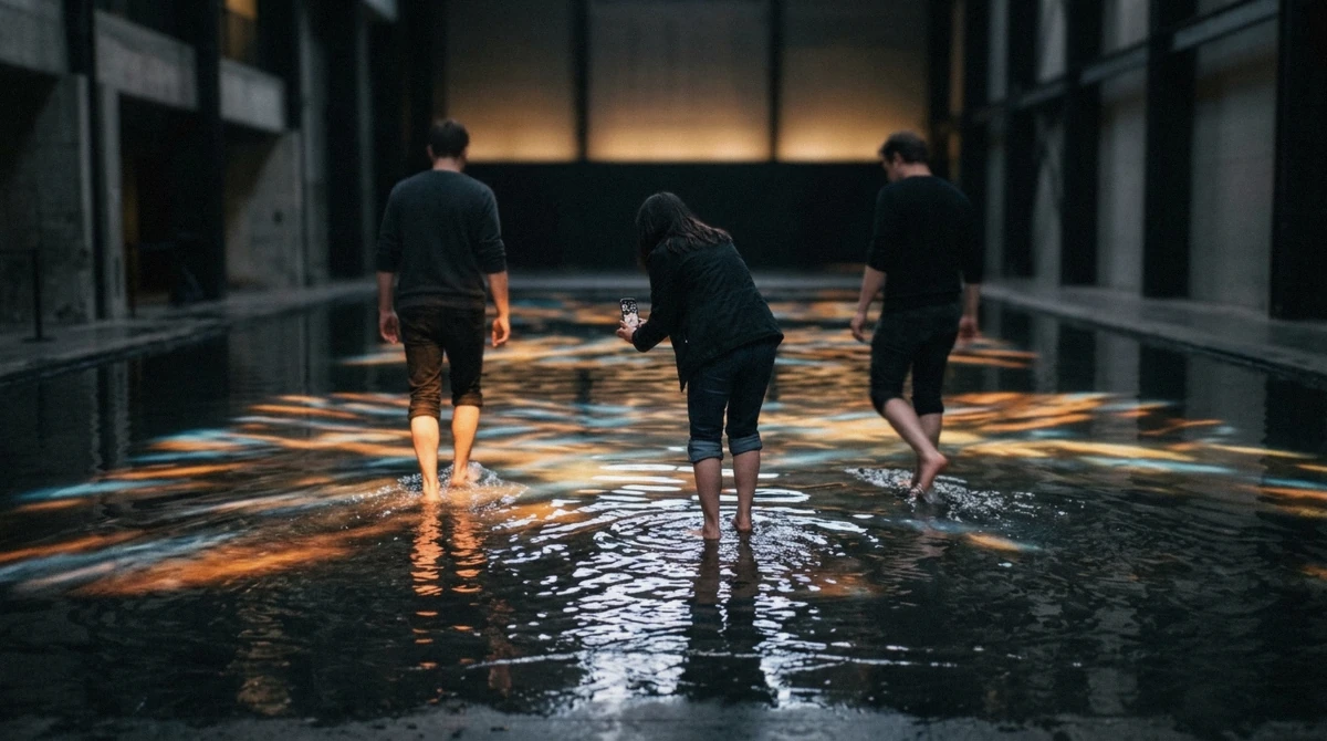 Visitors wading barefoot through shallow illuminated water in a dark immersive hall, the format that makes teamLab Planets the water-based digital art museum in Tokyo
